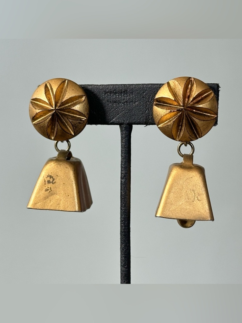 Vintage Gold Painted Cow Bell Floral Charm Clip Earrings Boho Western Cowgirl